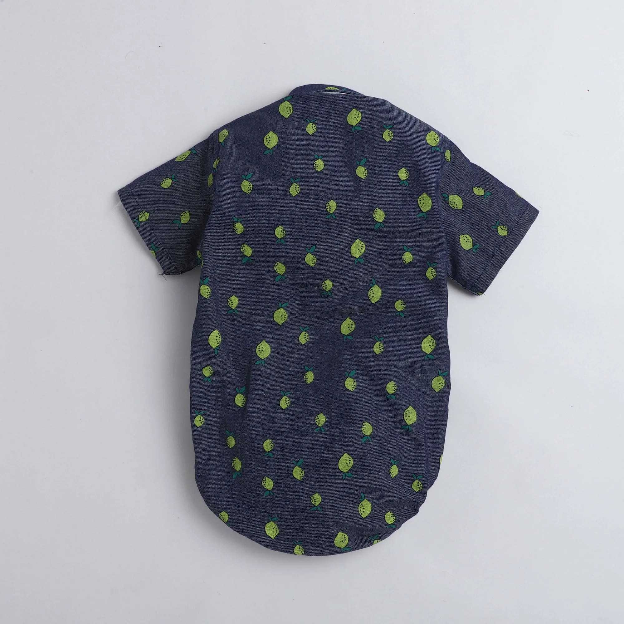Polka Tots Half Sleeve Onesie Romper Denim All Over Print Guava With Bow Tie Blue