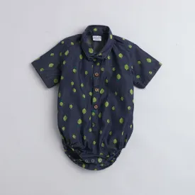 Polka Tots Half Sleeve Onesie Romper Denim All Over Print Guava With Bow Tie Blue