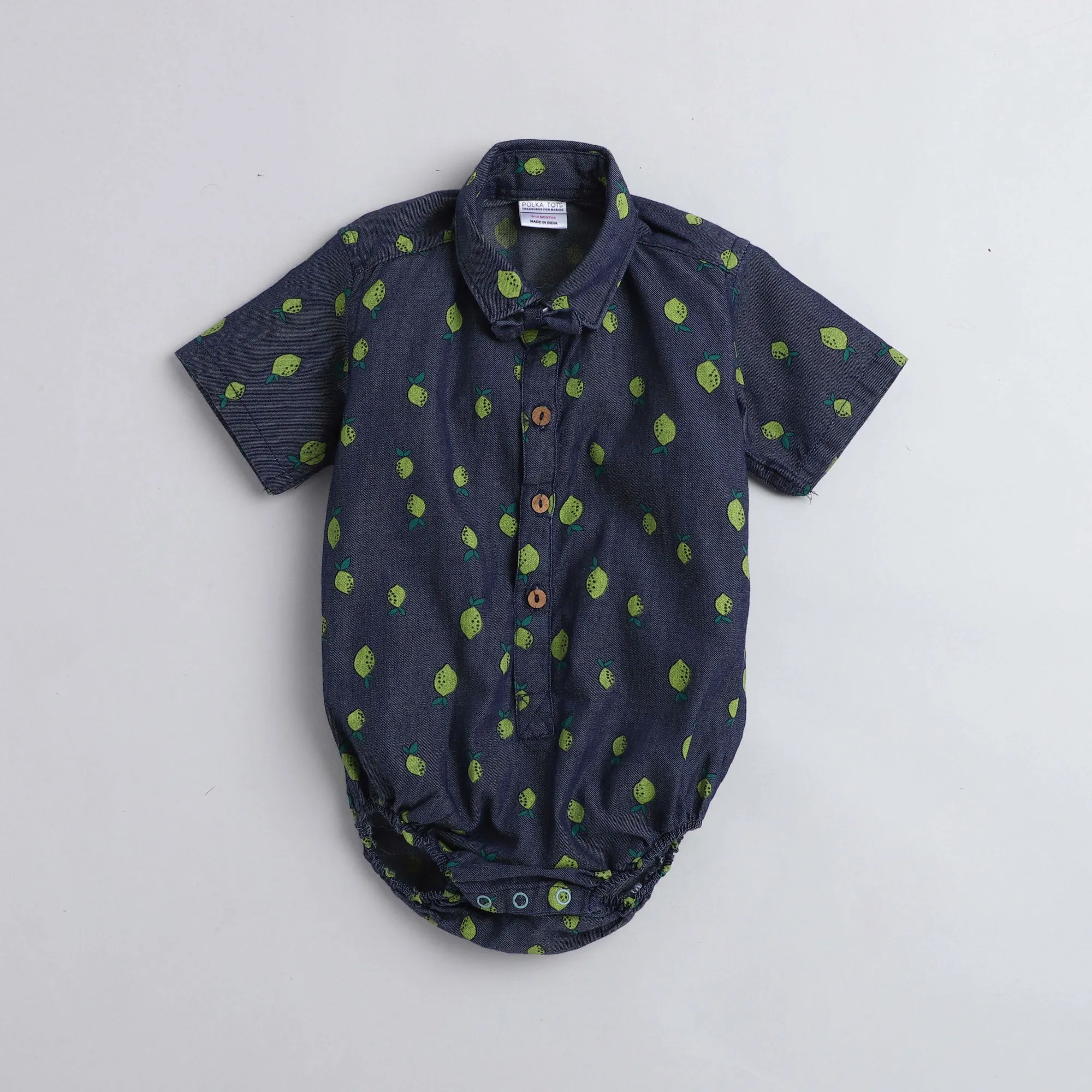 Polka Tots Half Sleeve Onesie Romper Denim All Over Print Guava With Bow Tie Blue