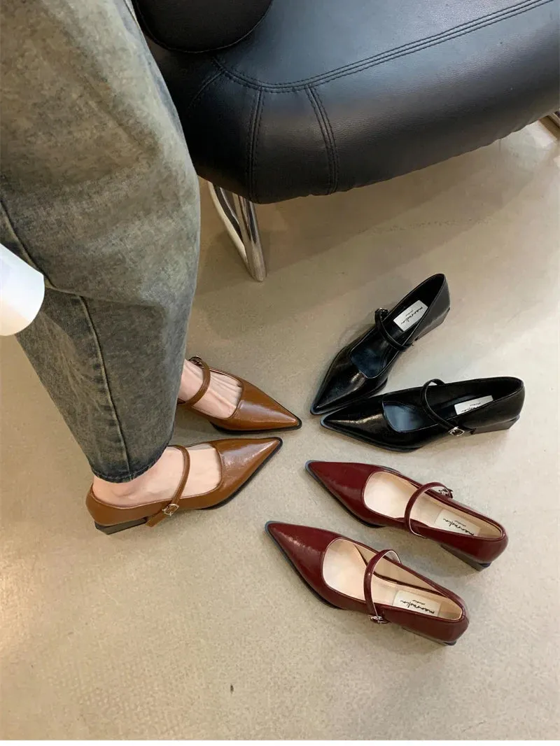 Retro Style Thick Heel Women Mary Jane Shoes Fashion Shallow Pointed Toe Ladies Comfort Office Pumps Footwear