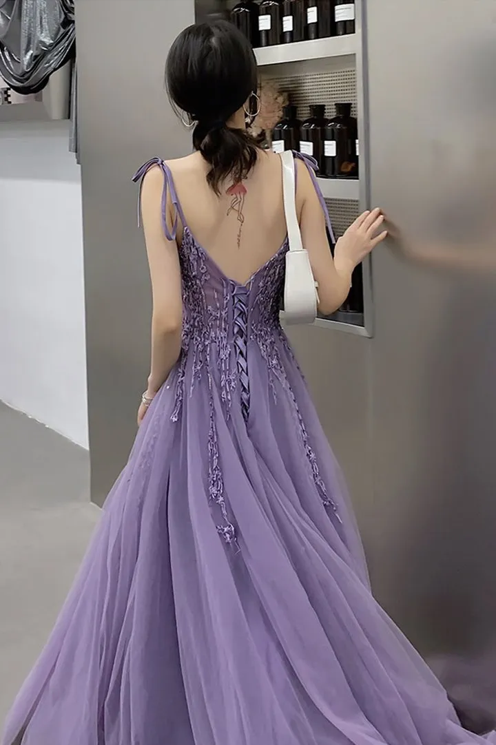 Solvbao Purple Lace V-neckline Tulle Straps Low Back Tulle Party Dresses, Purple A-line Evening Dresses
