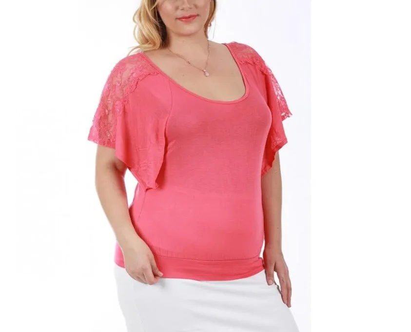 V-Neck Curvy Plus Size Top with Lace Inset 3532104C