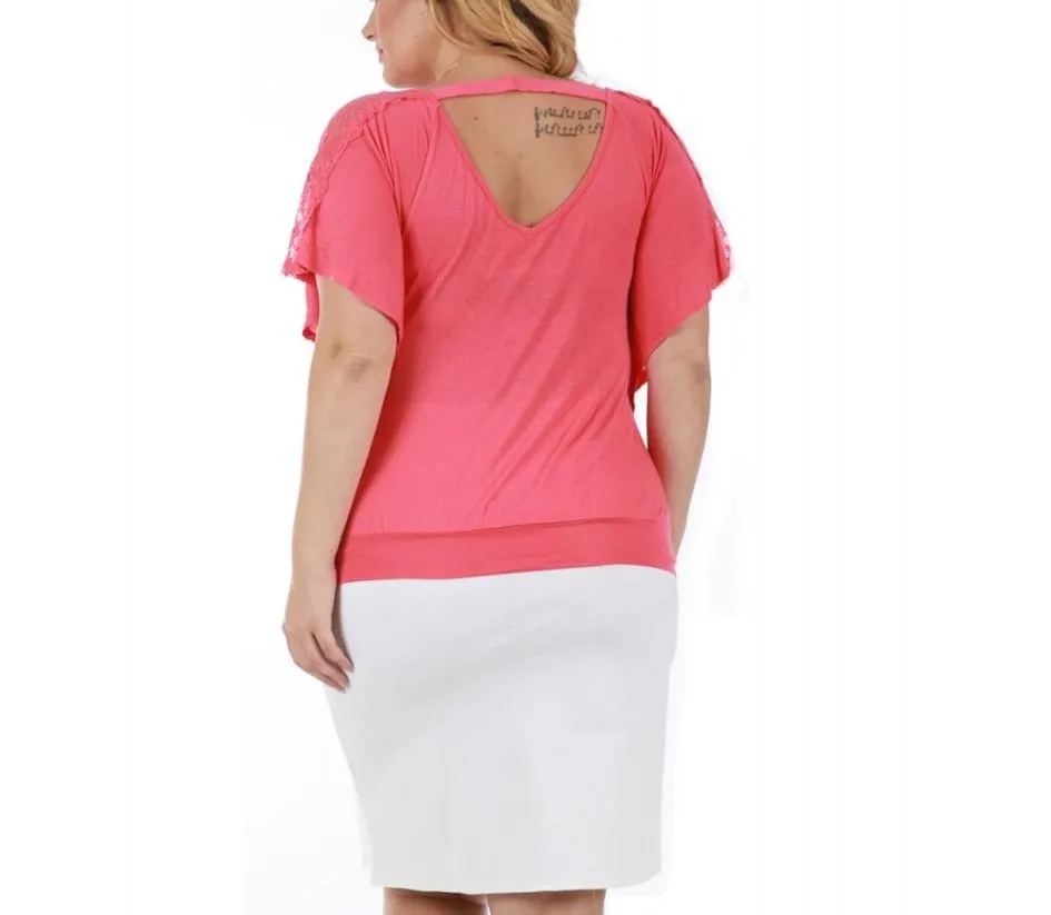 V-Neck Curvy Plus Size Top with Lace Inset 3532104C