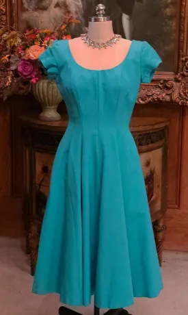 VINTAGE 1960s JERRY GLIDEN SPECTATOR DEEP TURQUOISE FAILLE DRESS WITH METAL ZIPPER