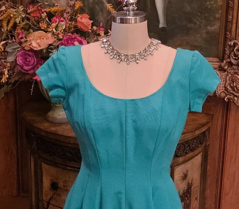 VINTAGE 1960s JERRY GLIDEN SPECTATOR DEEP TURQUOISE FAILLE DRESS WITH METAL ZIPPER