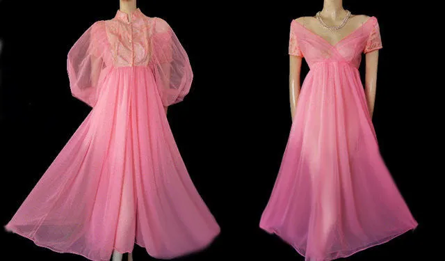 *VINTAGE JENELLE LACE & SATIN DOUBLE NYLON BRIDAL TROUSSEAU PEIGNOIR & NIGHTGOWN SET IN POODLE PINK
