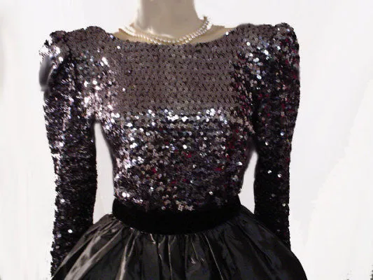 *VINTAGE SEQUIN, BLACK VELVET & TAFFETA GRAND SWEEP BALL GOWN IN STERLING SILVER