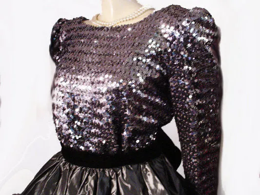 *VINTAGE SEQUIN, BLACK VELVET & TAFFETA GRAND SWEEP BALL GOWN IN STERLING SILVER