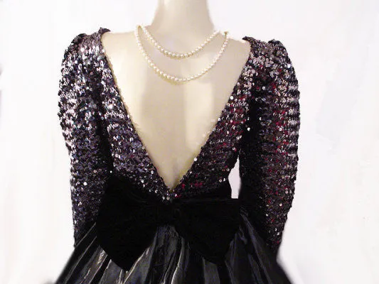 *VINTAGE SEQUIN, BLACK VELVET & TAFFETA GRAND SWEEP BALL GOWN IN STERLING SILVER