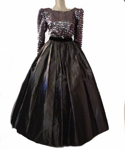 *VINTAGE SEQUIN, BLACK VELVET & TAFFETA GRAND SWEEP BALL GOWN IN STERLING SILVER