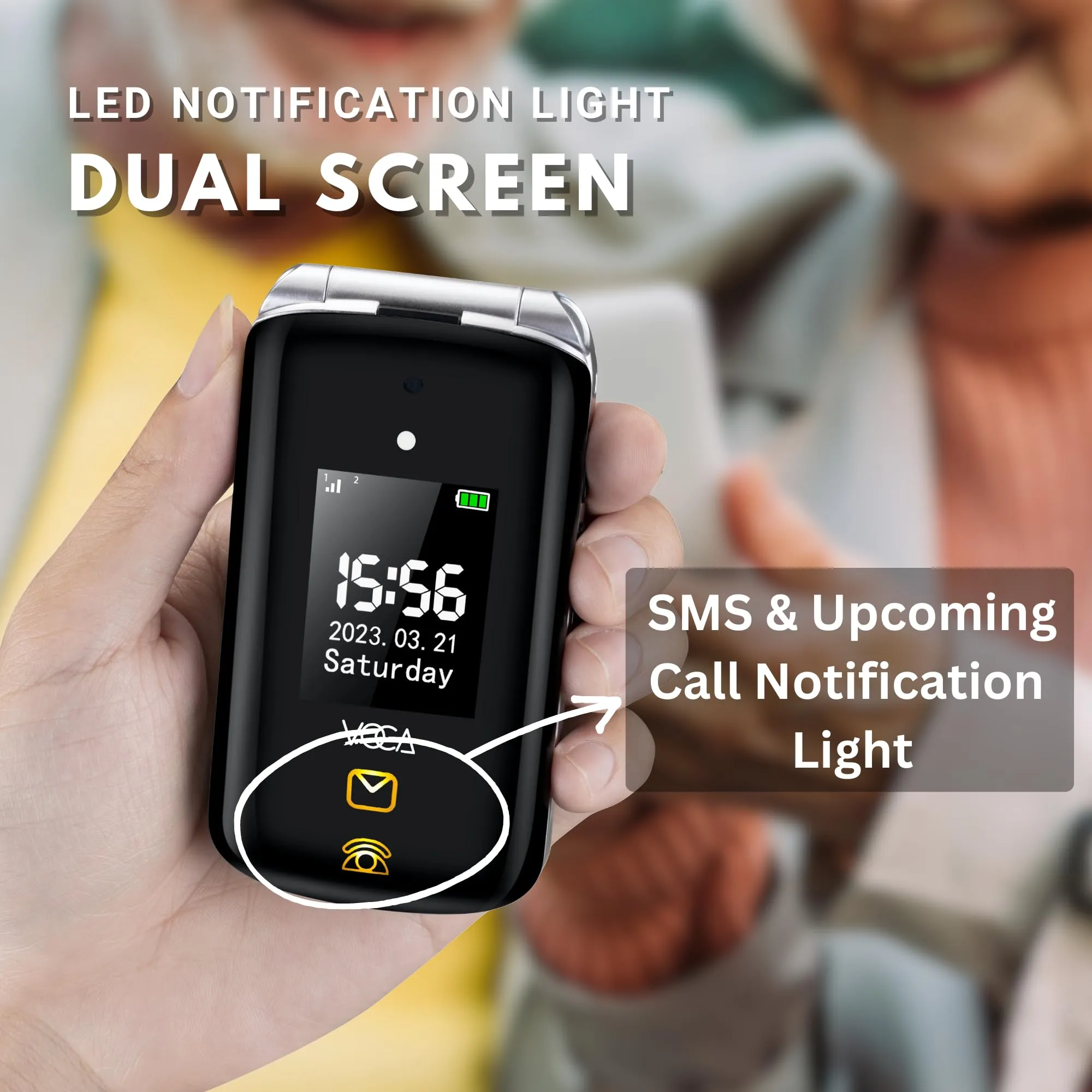 VOCA Big Button Flip Phone for Elderly | Dual Screen | Unlocked 4G LTE | Loud Volume | SOS Button | Hearing Aid Compatibility | Charging Dock | Predictive Text | V543 Black (Free Shipping)