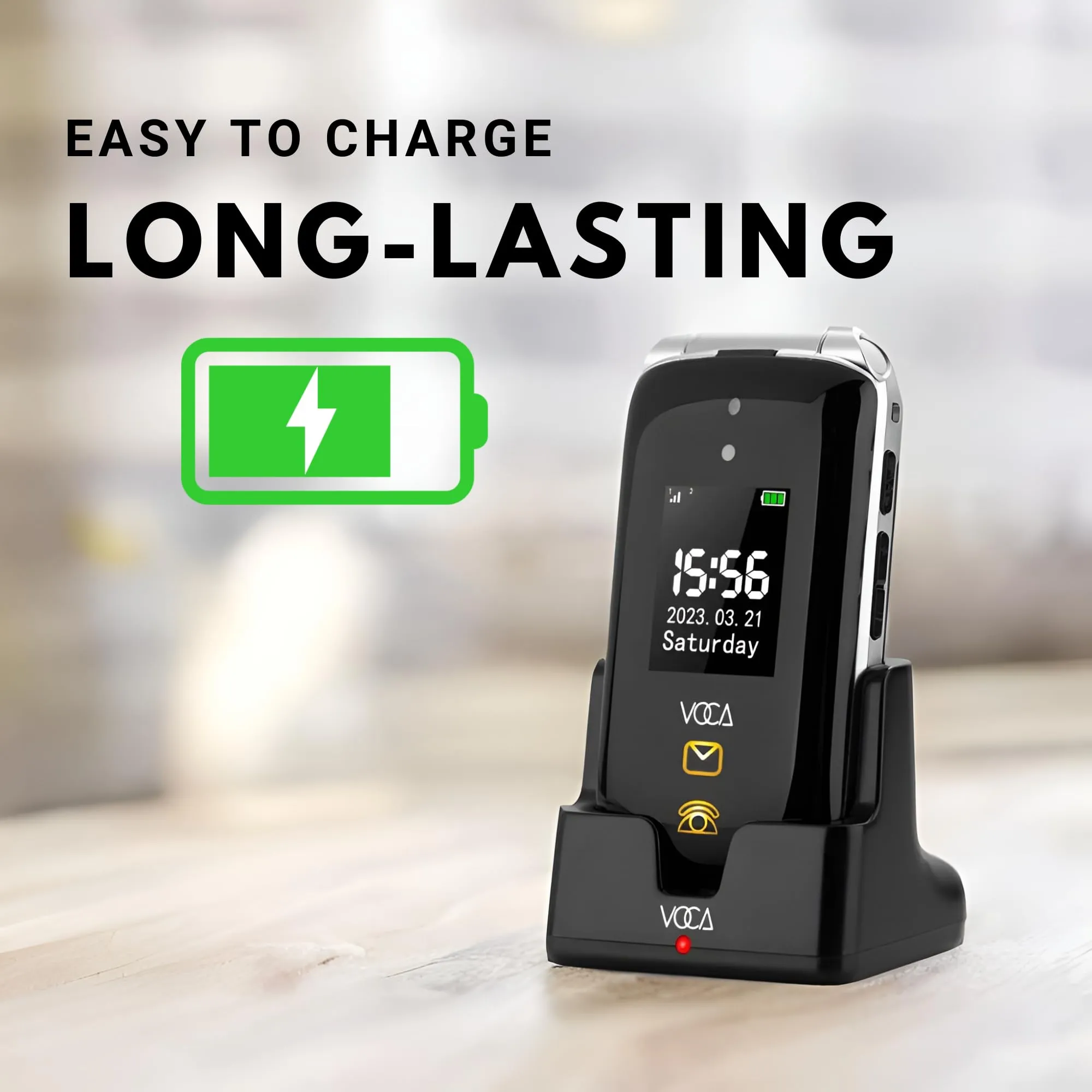 VOCA Big Button Flip Phone for Elderly | Dual Screen | Unlocked 4G LTE | Loud Volume | SOS Button | Hearing Aid Compatibility | Charging Dock | Predictive Text | V543 Black (Free Shipping)