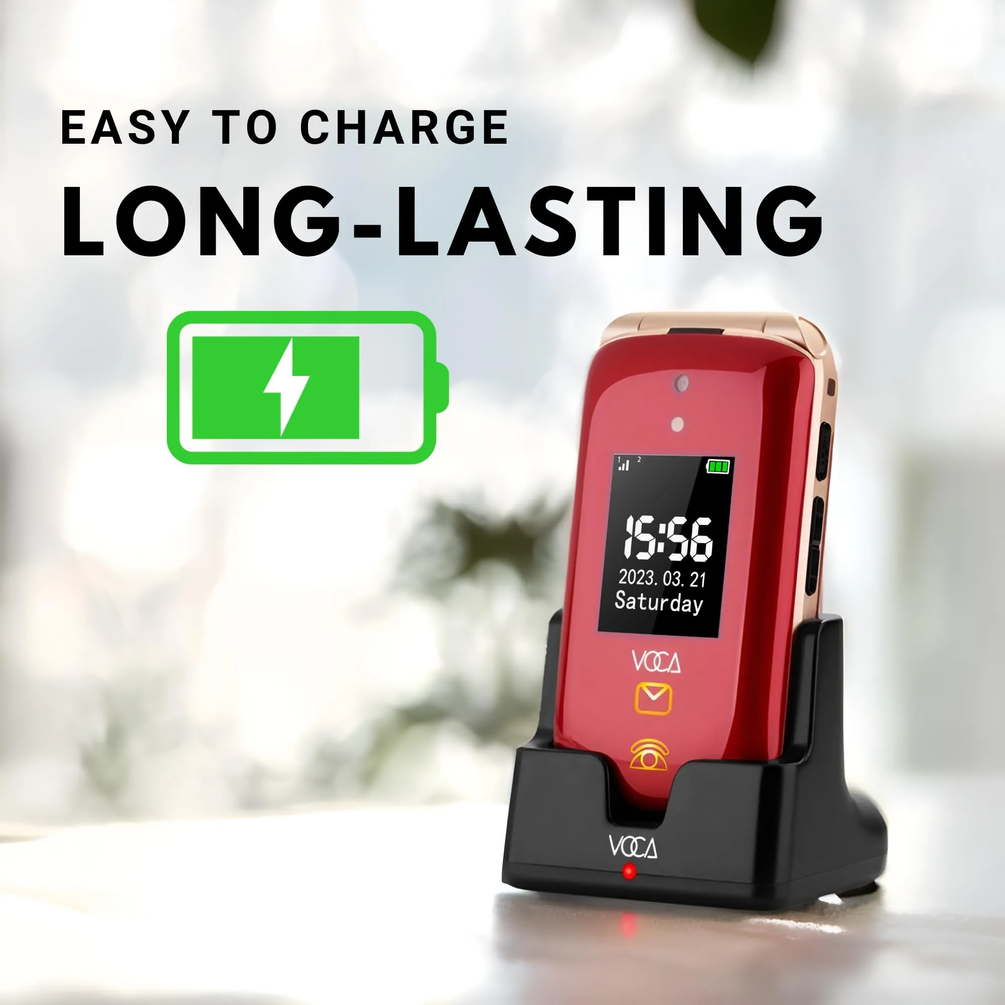VOCA Big Button Flip Phone for Elderly | Dual Screen | Unlocked 4G LTE | Loud Volume | SOS Button | Hearing Aid Compatibility | Charging Dock | Predictive Text | V543 (Free Shipping)