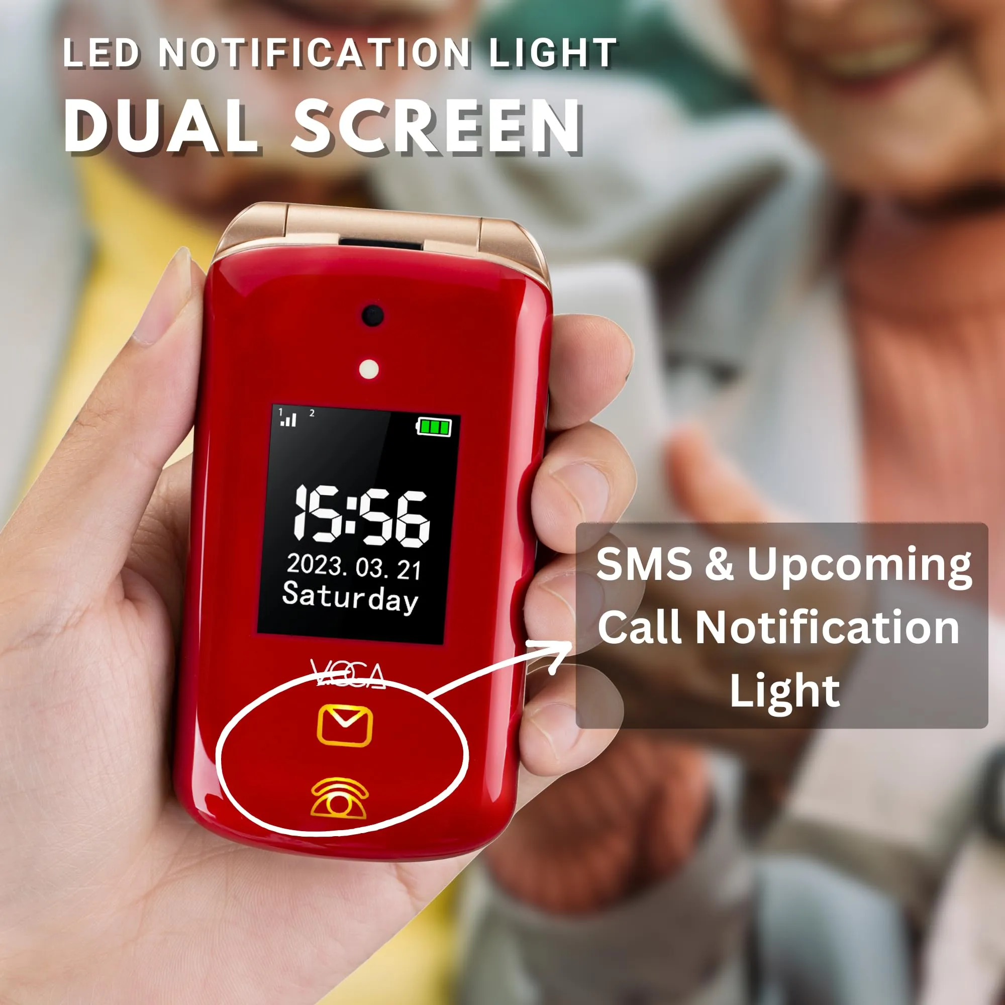 VOCA Big Button Flip Phone for Elderly | Dual Screen | Unlocked 4G LTE | Loud Volume | SOS Button | Hearing Aid Compatibility | Charging Dock | Predictive Text | V543 (Free Shipping)