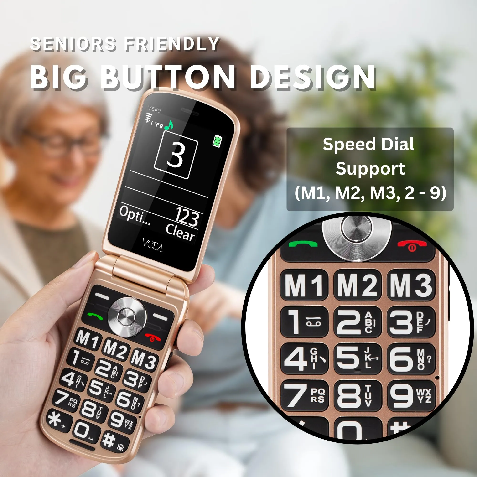VOCA Big Button Flip Phone for Elderly | Dual Screen | Unlocked 4G LTE | Loud Volume | SOS Button | Hearing Aid Compatibility | Charging Dock | Predictive Text | V543 (Free Shipping)