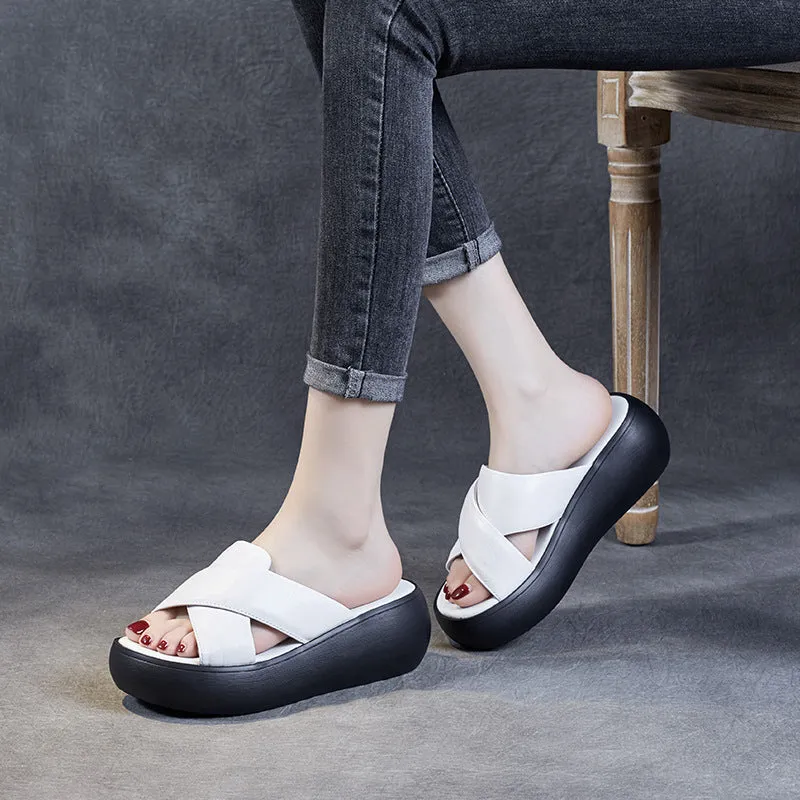 Women Leather Summer Casual Platform Slide Sandals