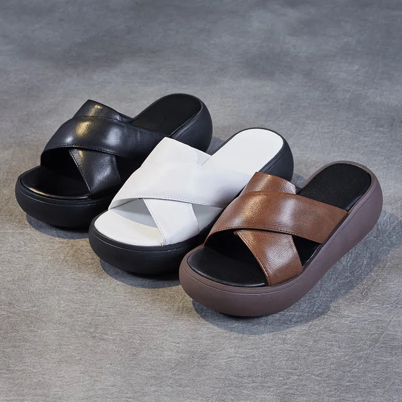 Women Leather Summer Casual Platform Slide Sandals