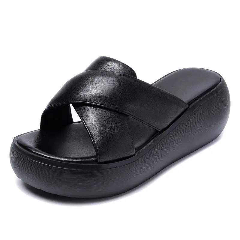 Women Leather Summer Casual Platform Slide Sandals
